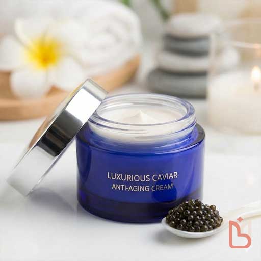 نمای نزدیک از کرم ضد چروک لوکس حاوی عصاره خاویار و دانه‌های خاویار در یک محیط اسپا