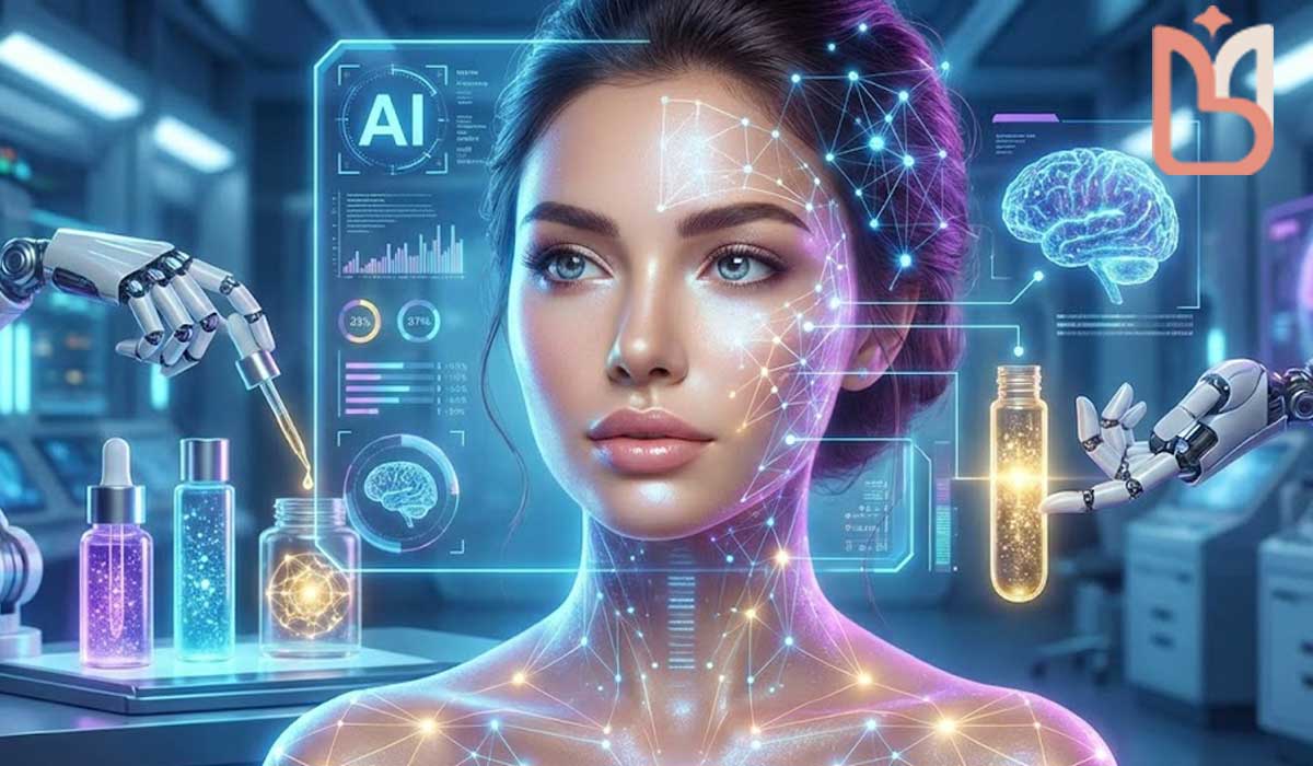 زنی با تکنولوژی هوش مصنوعی روی پوست، نمایانگر علم و زیبایی در مراقبت از پوست. دست‌های رباتیک محصولات پوستی را نگه داشته‌اند و نمودارهای داده‌ای AI در پس‌زمینه دیده می‌شوند.